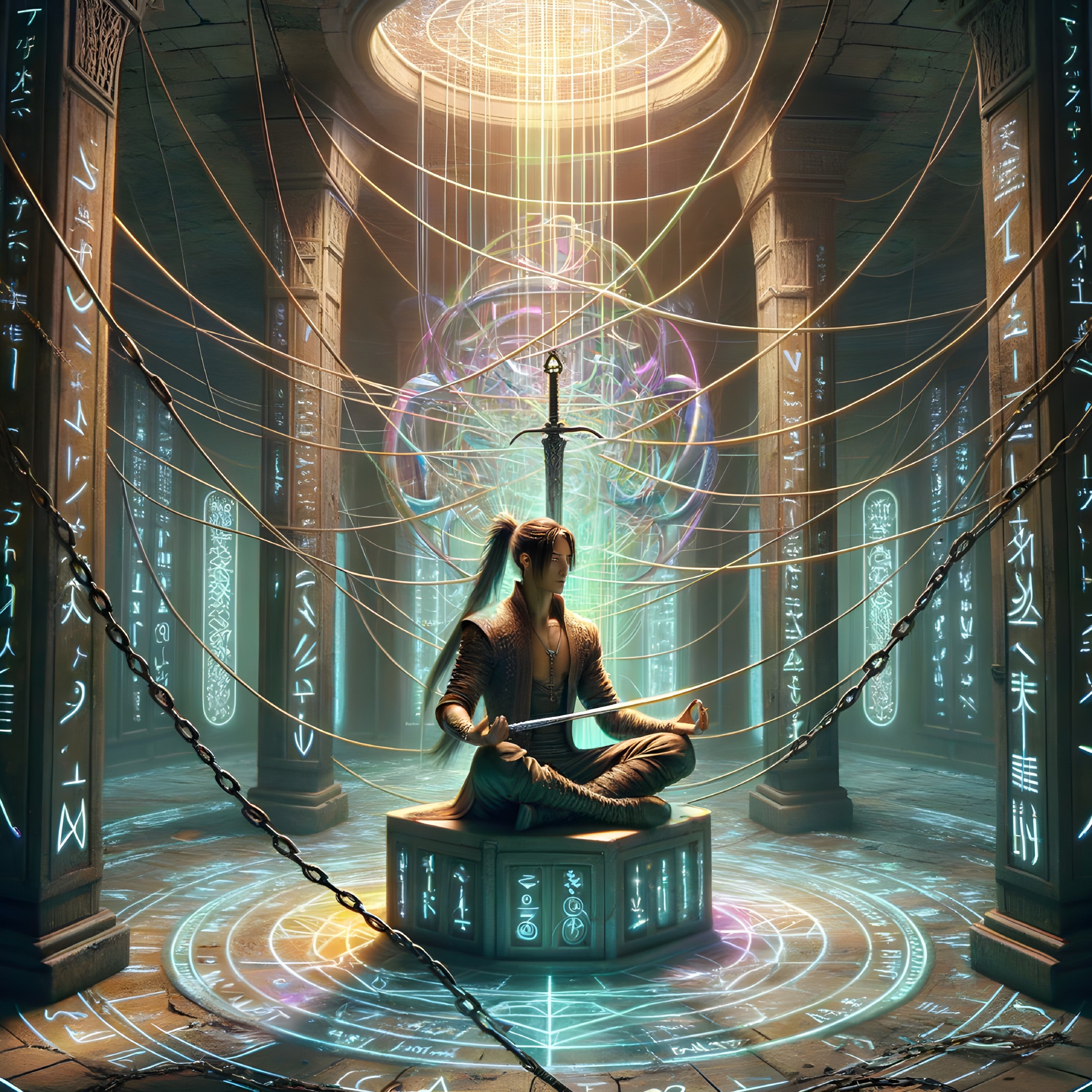 Mystical Chamber with Meditative Figure and Luminescent Sword