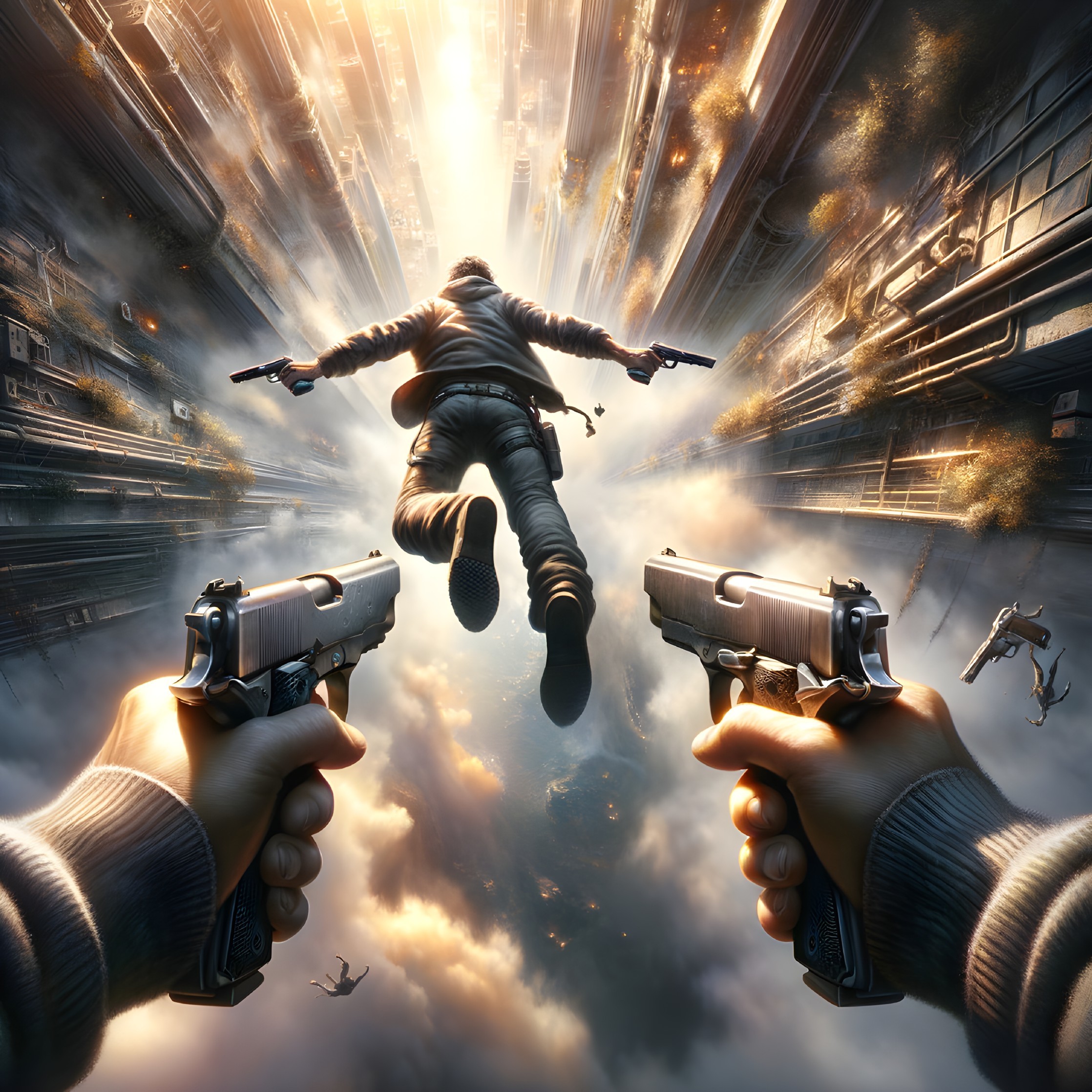 Suspended Figure in Futuristic Cityscape with Guns Drawn