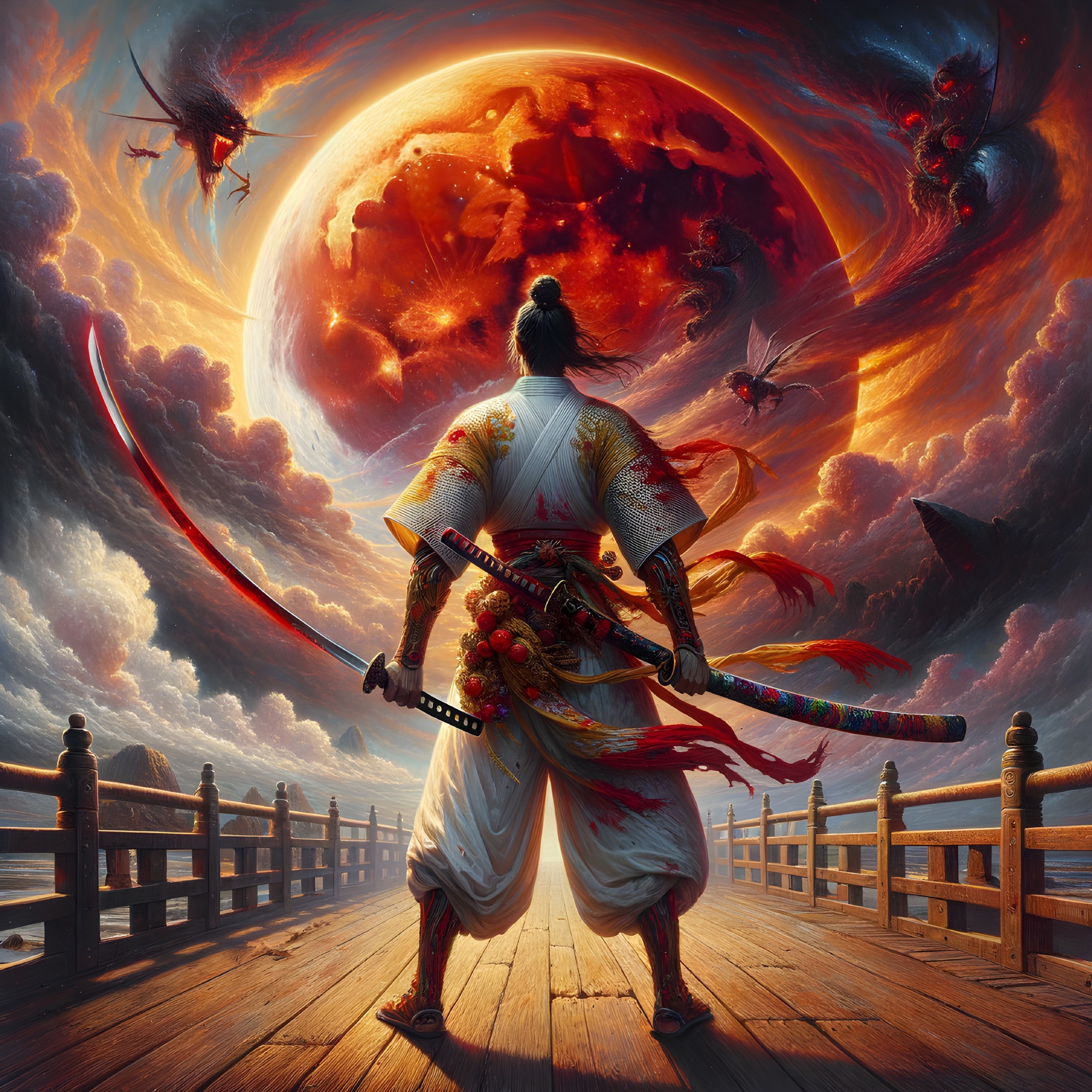 Warrior on Bridge Under Fiery Red Moon and Creatures