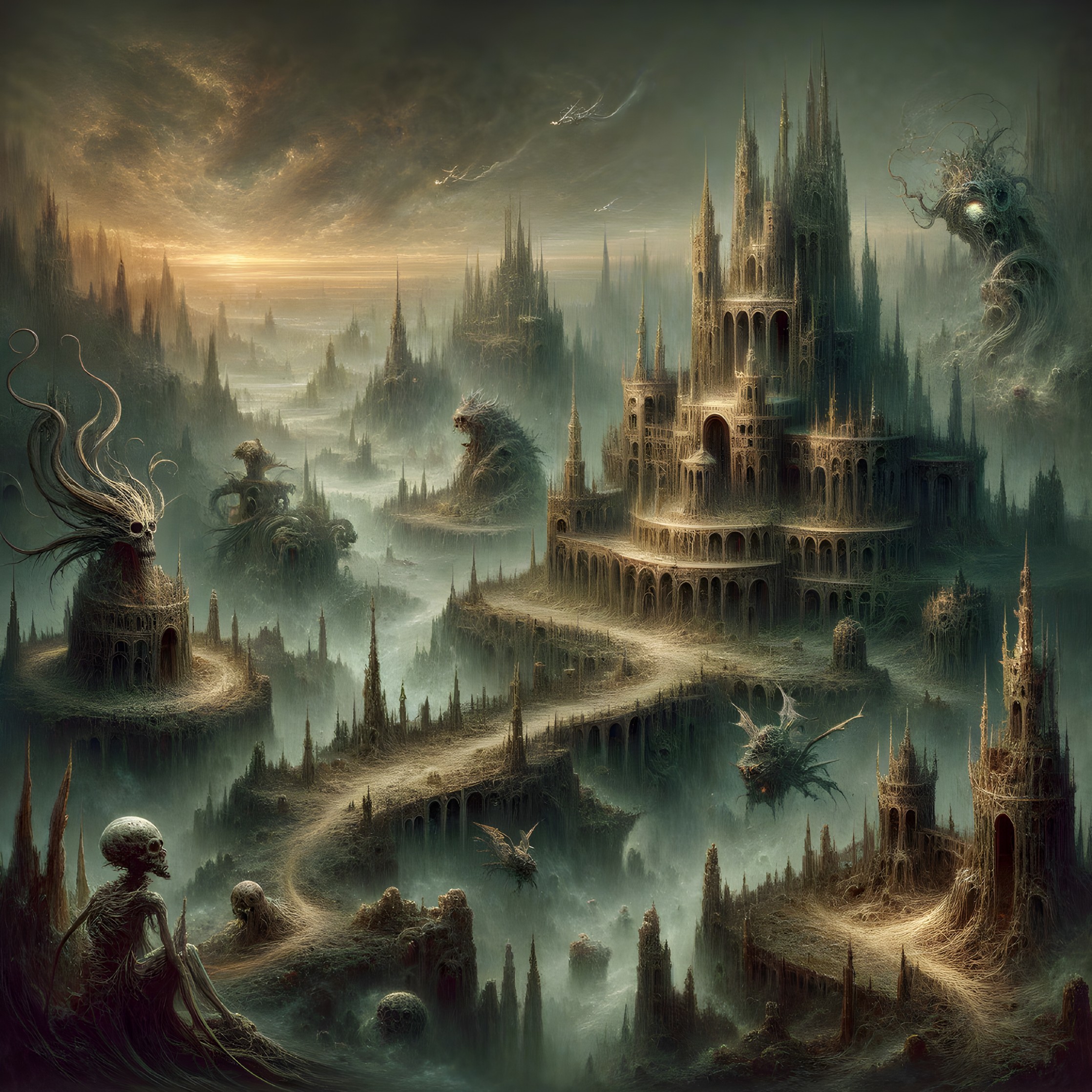 Gothic Cityscape with Mist and Sinister Creatures