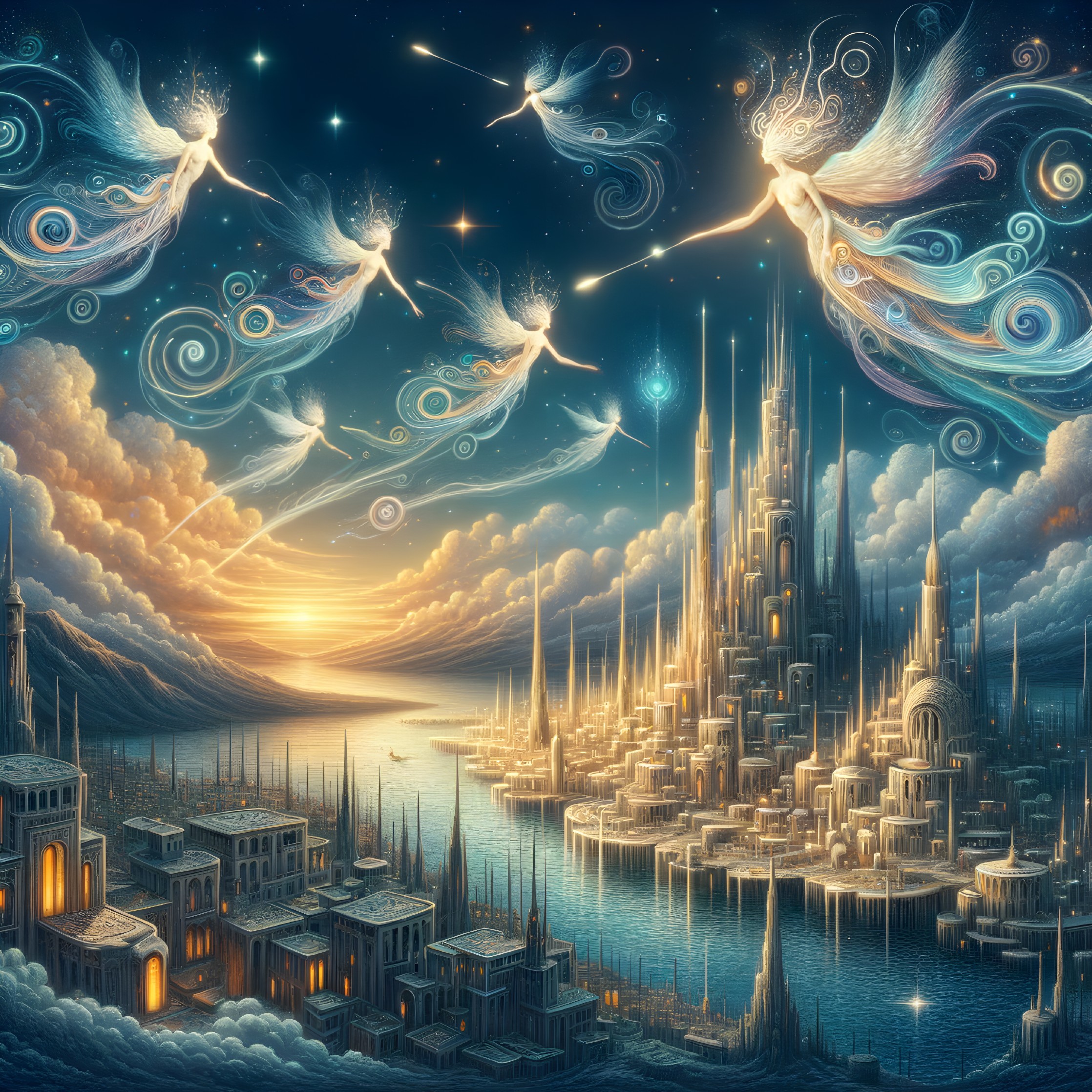 Fantasy Landscape with Glowing City and Fairies