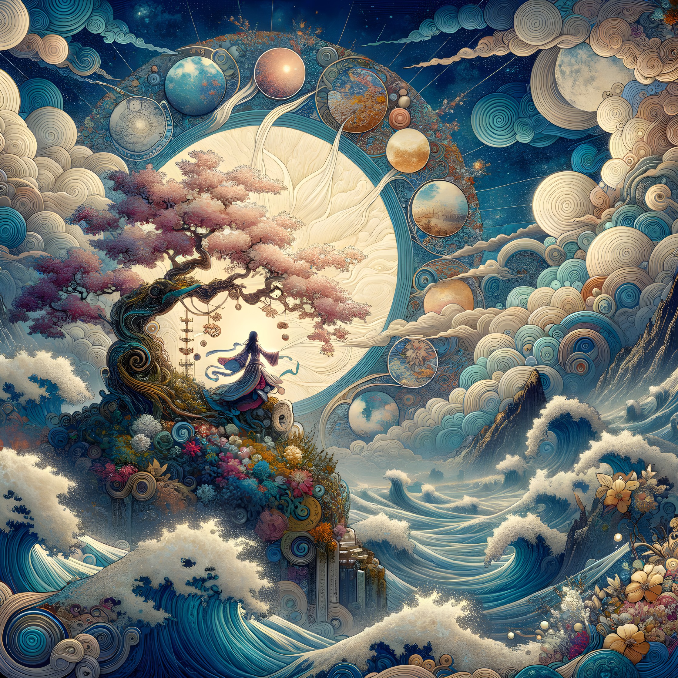 Fantasy Illustration of Cherry Blossoms and Cosmic Elements