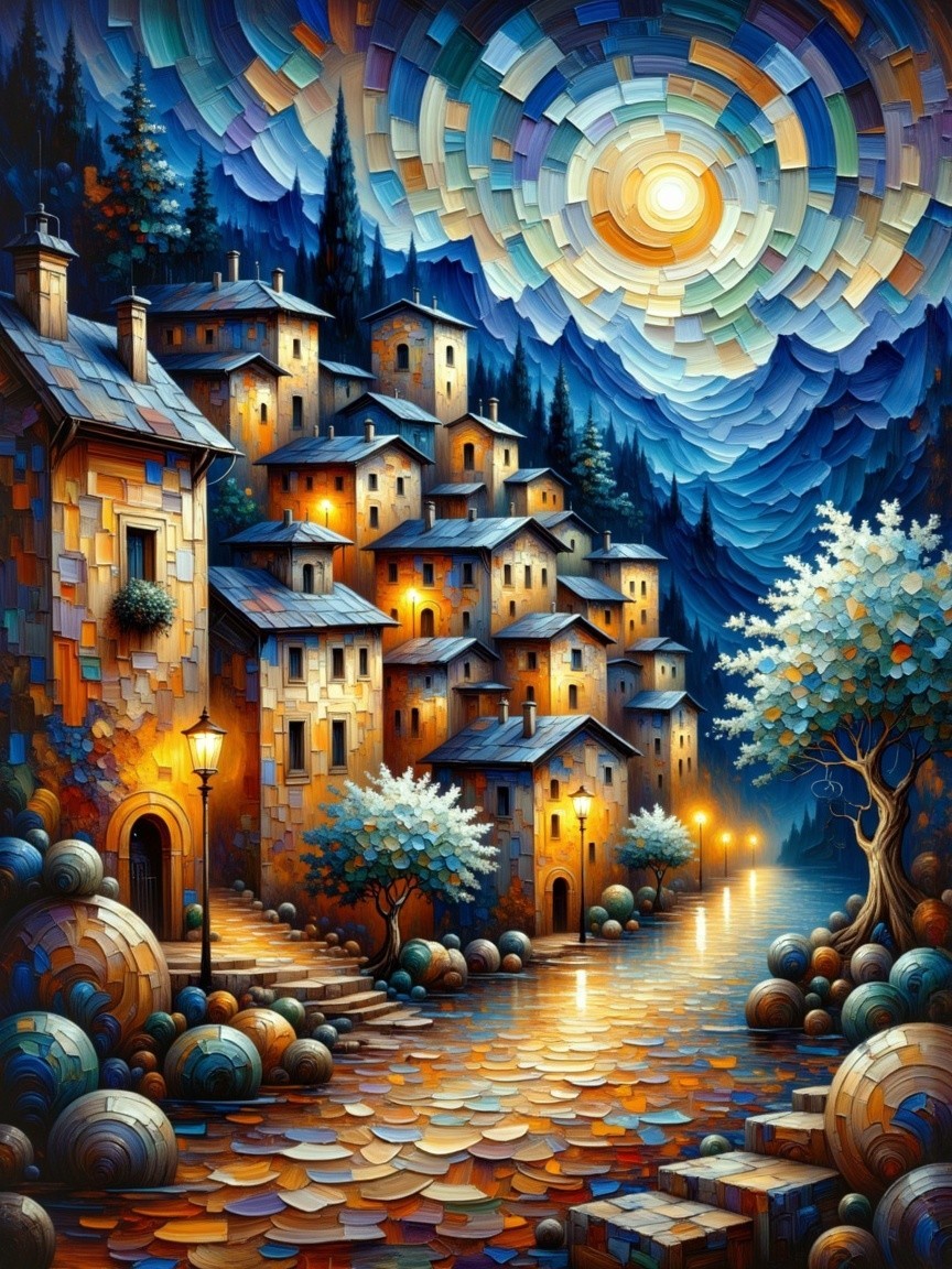 Vibrant Village Scene with Starry Sky and Moonlight