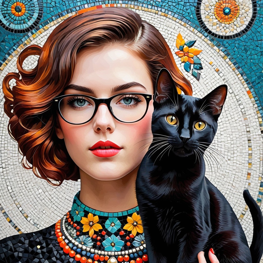 Young Woman with Cat in Colorful Floral Outfit