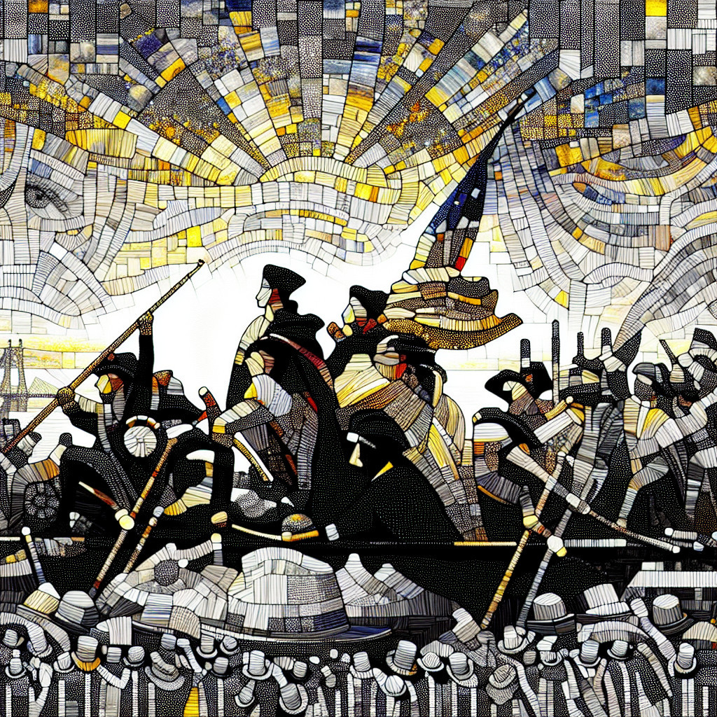 Stylized Historical Scene with Mosaic Patterns and Rowers