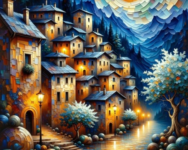 Vibrant Village Scene with Starry Sky and Moonlight