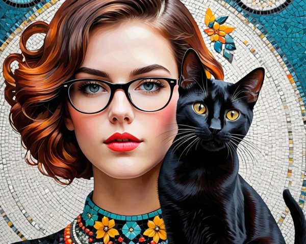 Young Woman with Cat in Colorful Floral Outfit
