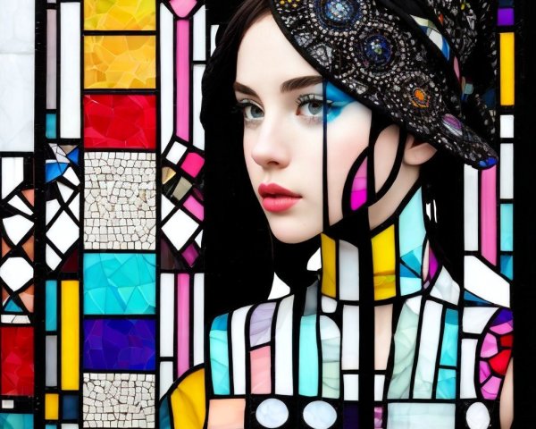 Portrait of a Woman in Vibrant Stained Glass Design