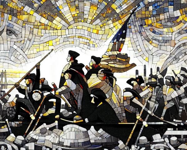 Stylized Historical Scene with Mosaic Patterns and Rowers
