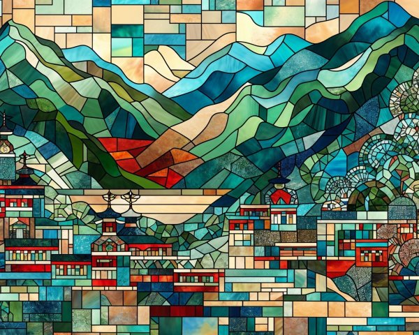 Vibrant Stained Glass Mountain Landscape Design