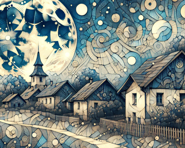 Whimsical Night Scene of a Serene Village Under Moon