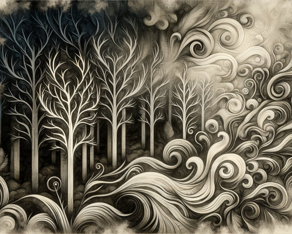 Monochromatic Landscape with Twisted Trees and Clouds
