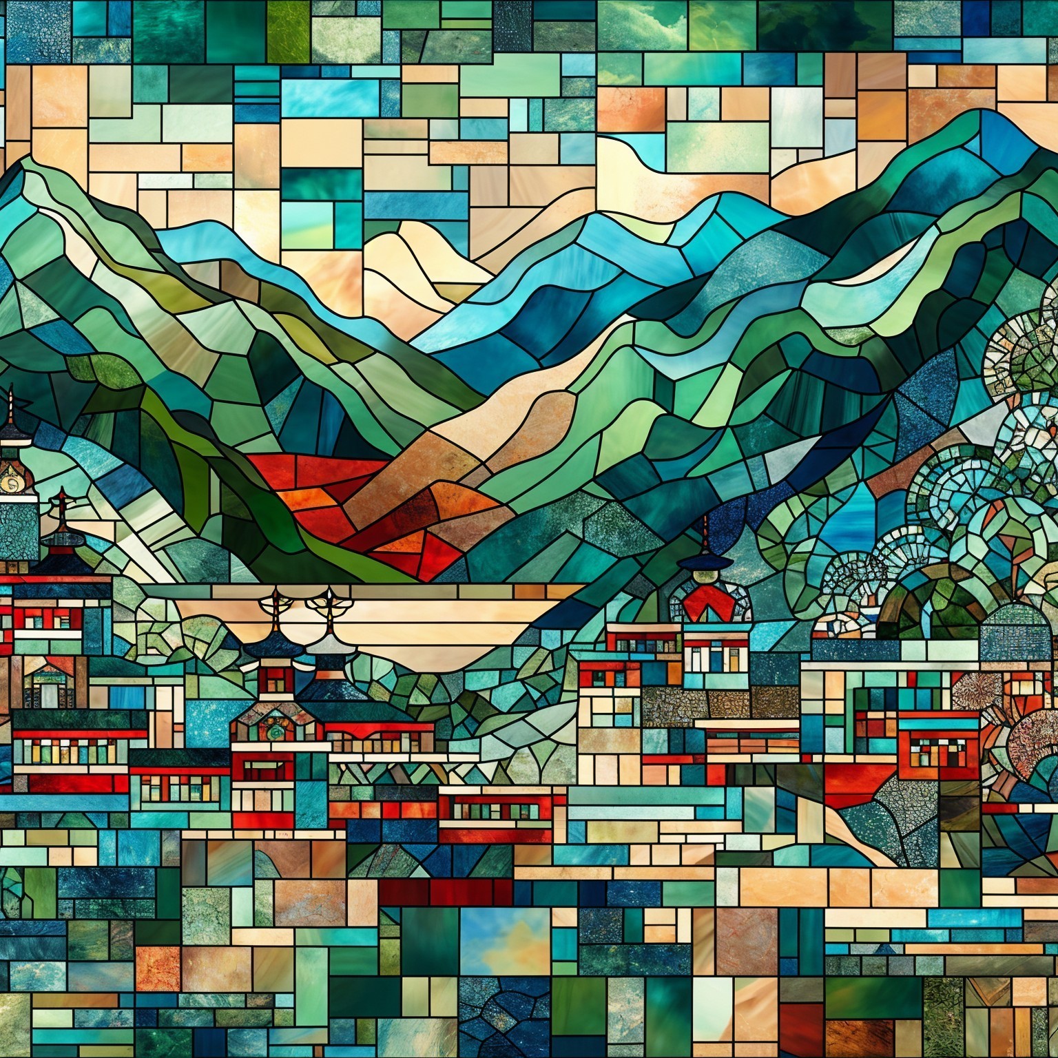 Vibrant Stained Glass Mountain Landscape Design