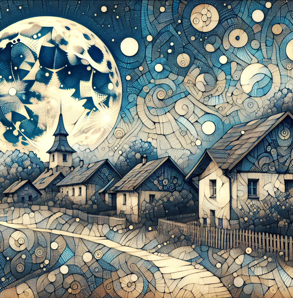 Whimsical Night Scene of a Serene Village Under Moon