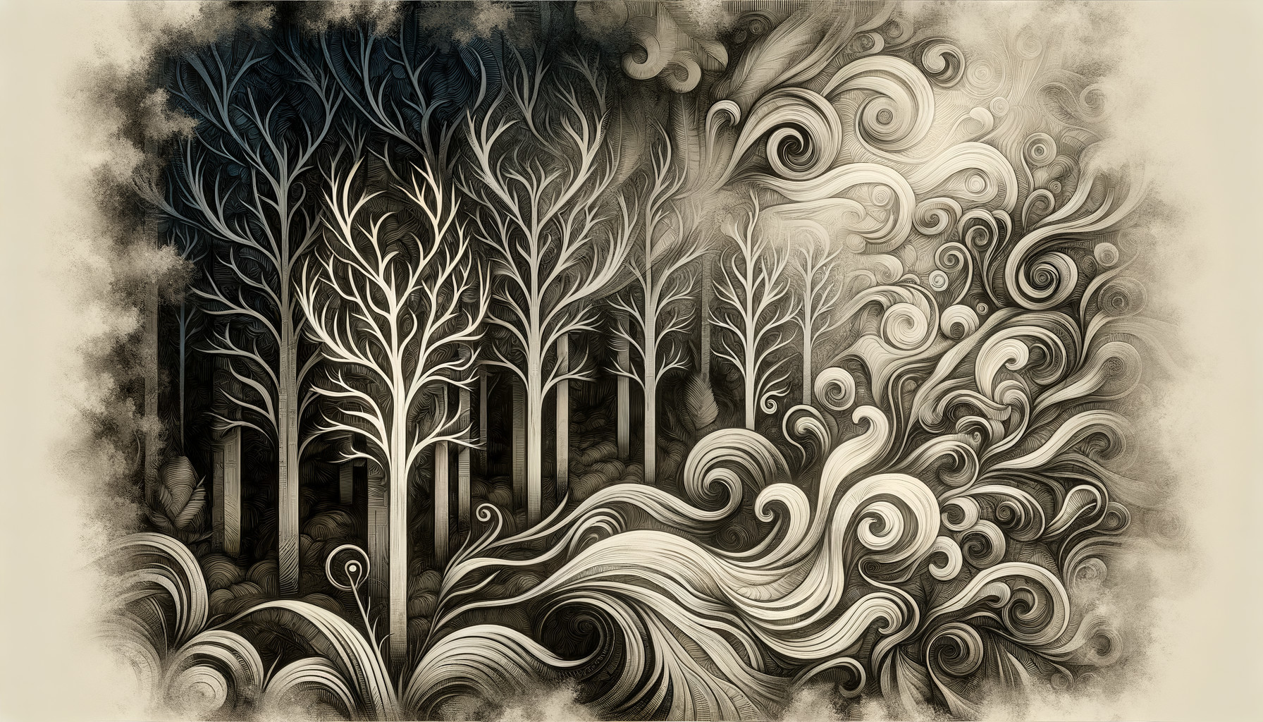 Monochromatic Landscape with Twisted Trees and Clouds