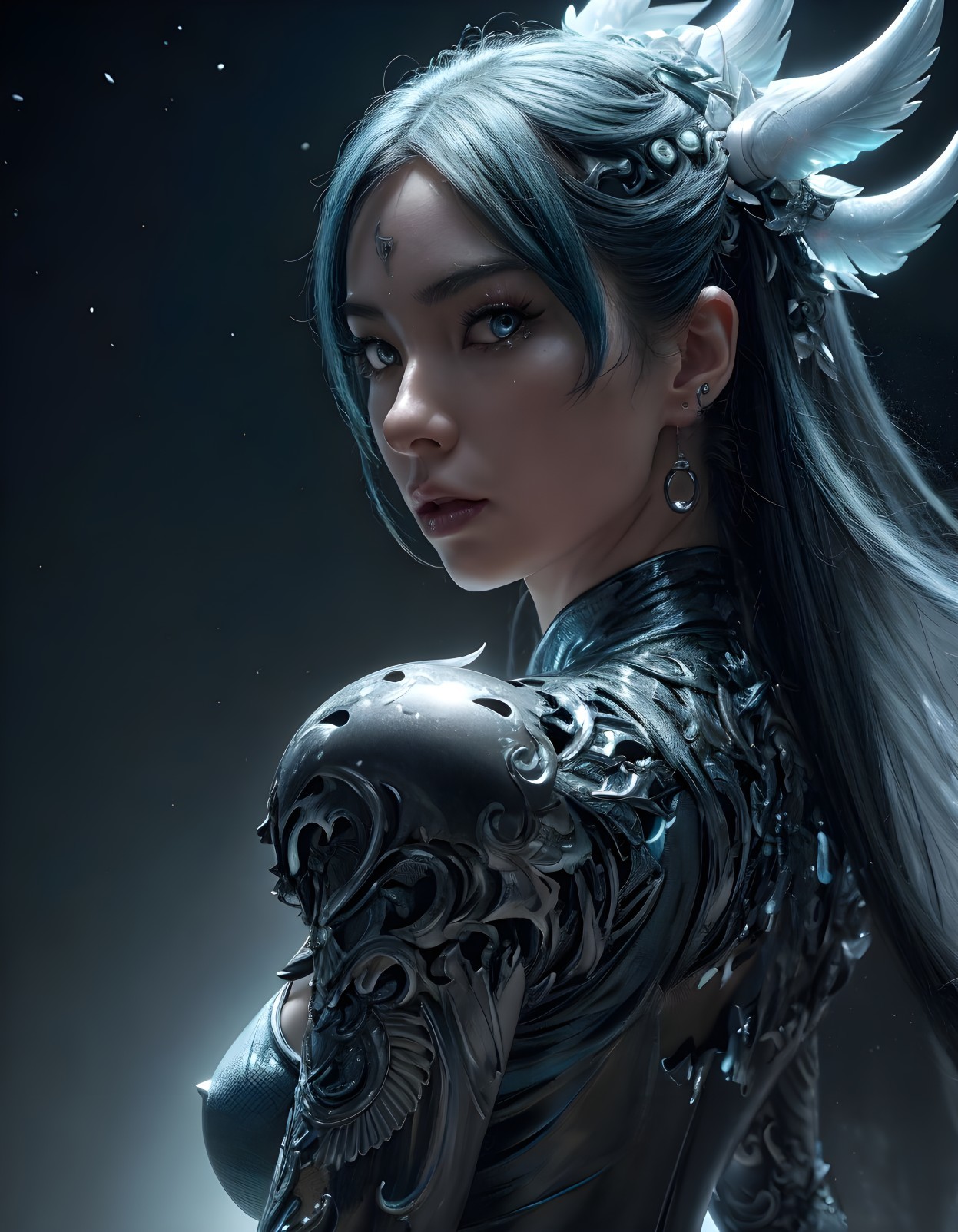 Female warrior in ornate armor with silver-blue hair
