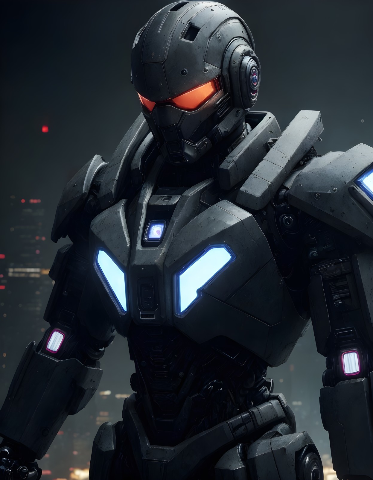 Futuristic robotic warrior in a dark urban setting
