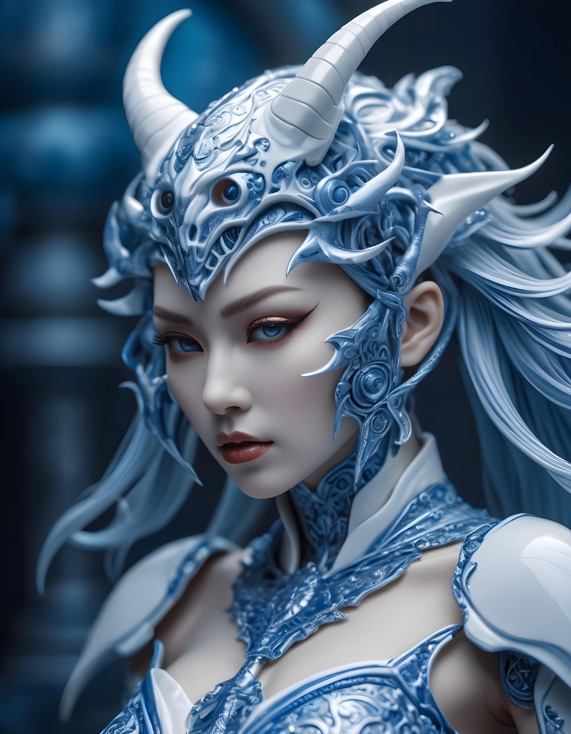 Female figure in intricate blue and silver armor
