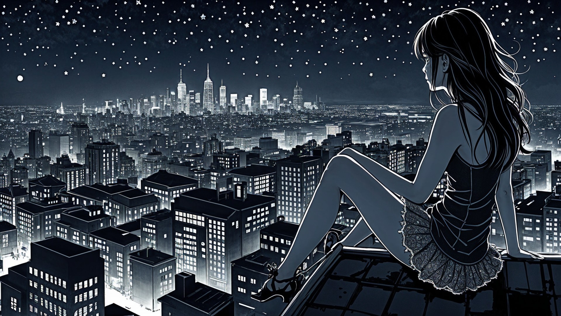 Girl on Rooftop Overlooking Starry City Skyline