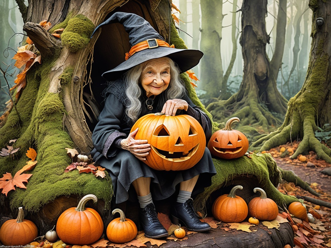Elderly witch in mystical forest with autumn decor