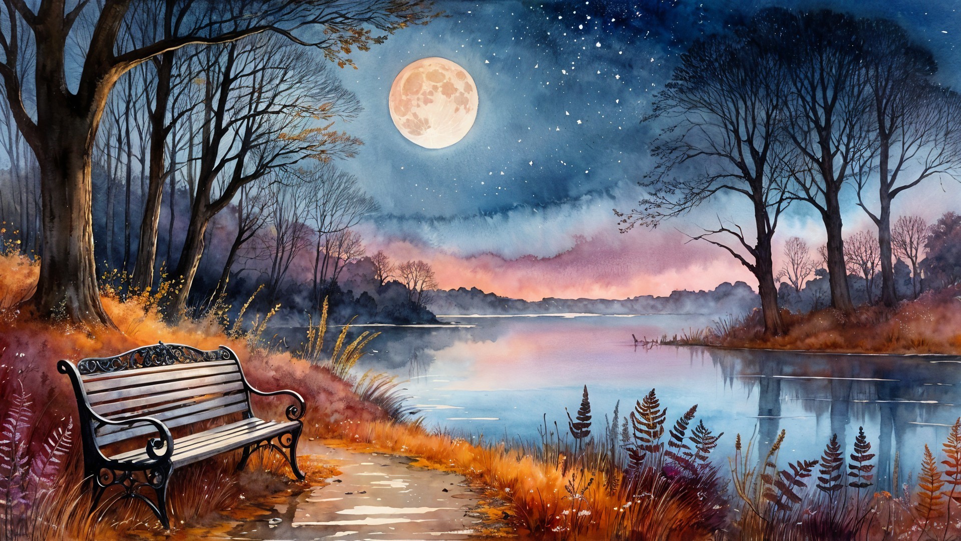 Tranquil Lakeside Scene at Dusk with Autumn Foliage