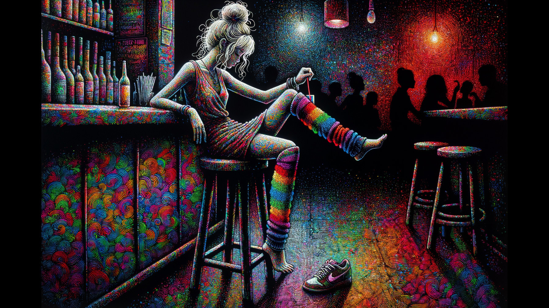 Psychedelic Bar Scene with Stylish Young Woman