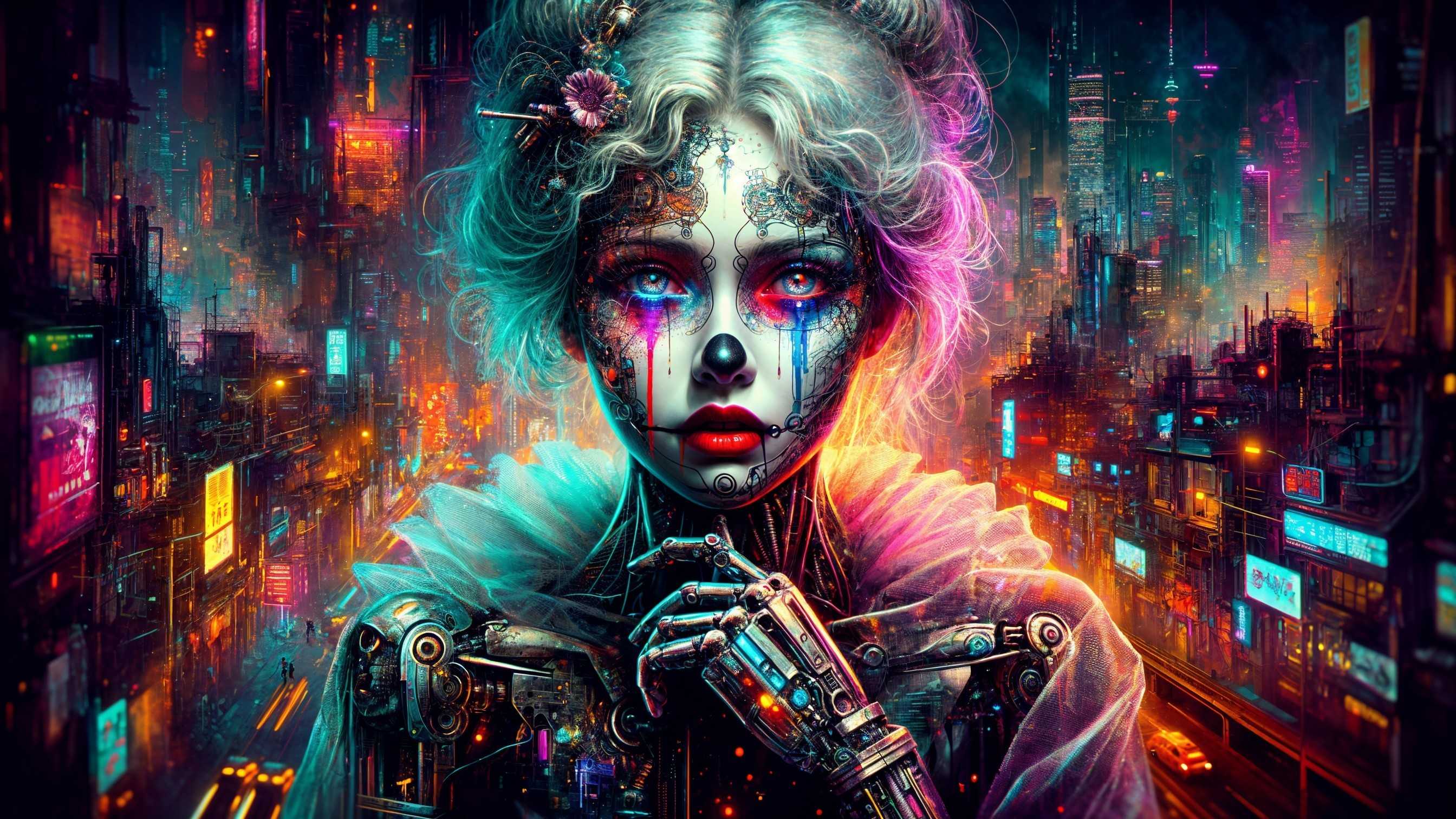 Cyborg Figure in Vibrant Cyberpunk Cityscape
