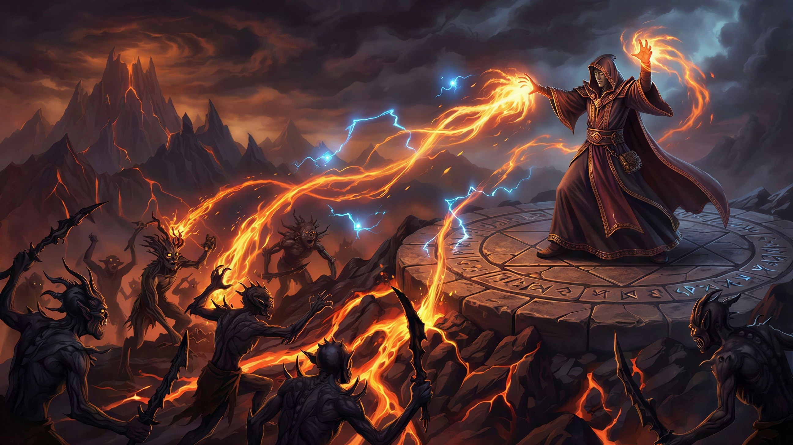 Digital painting of a sorcerer casting spells surrounded by demons