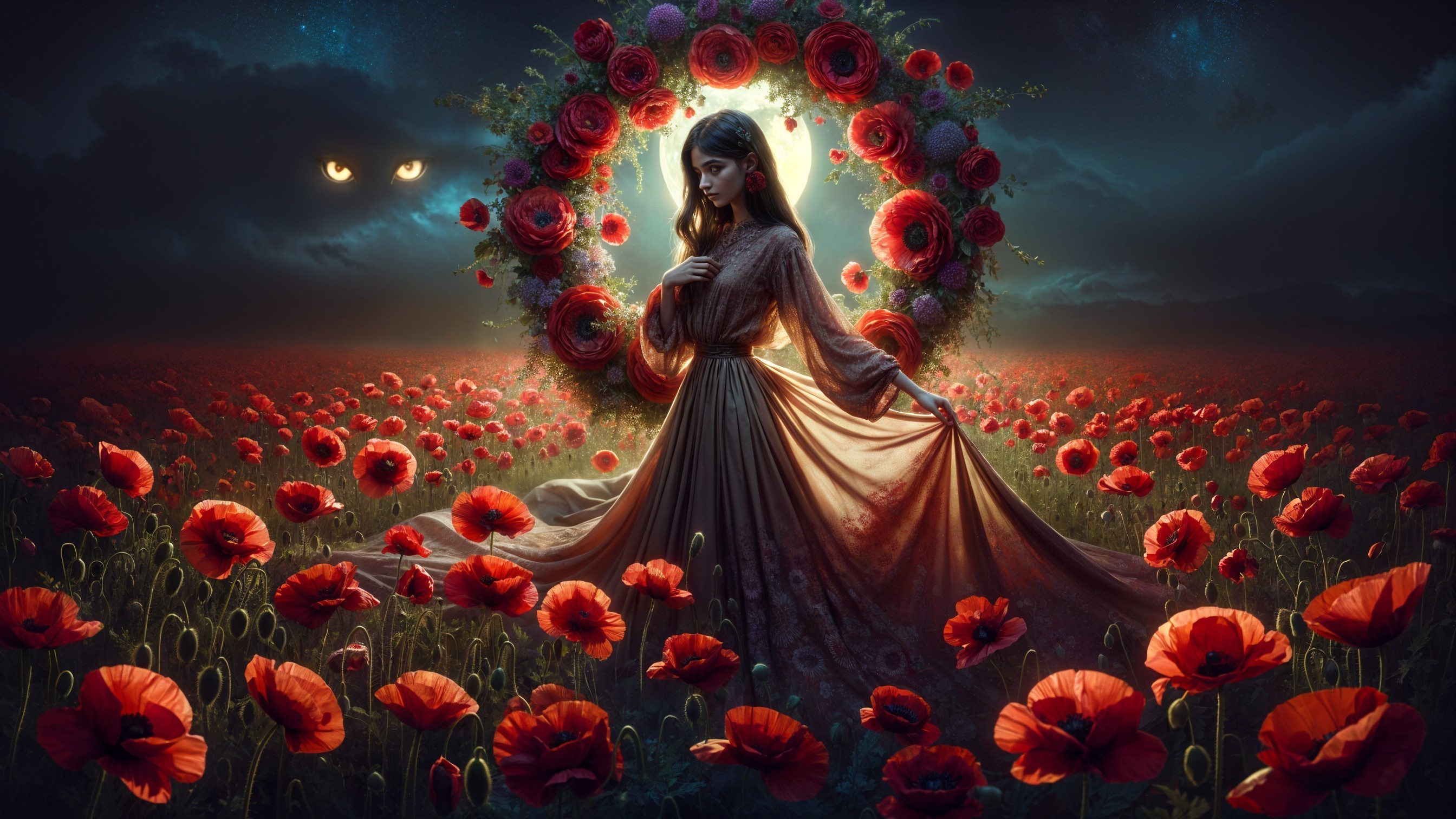 Mystical Scene in a Vibrant Poppy Field at Night