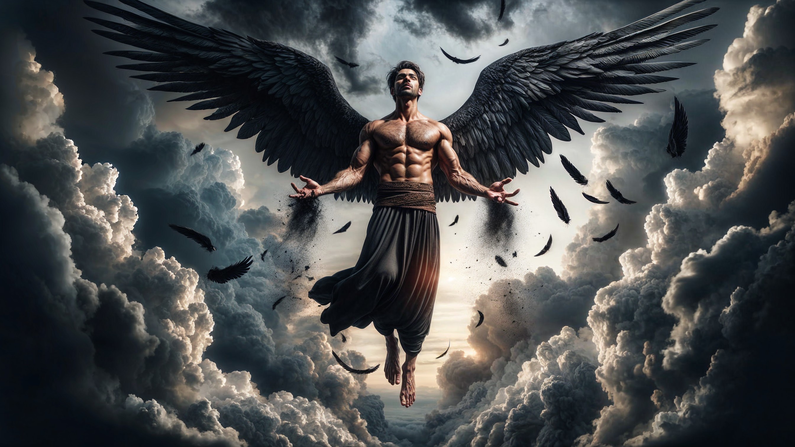Muscular Figure with Black Wings Amidst Dramatic Clouds