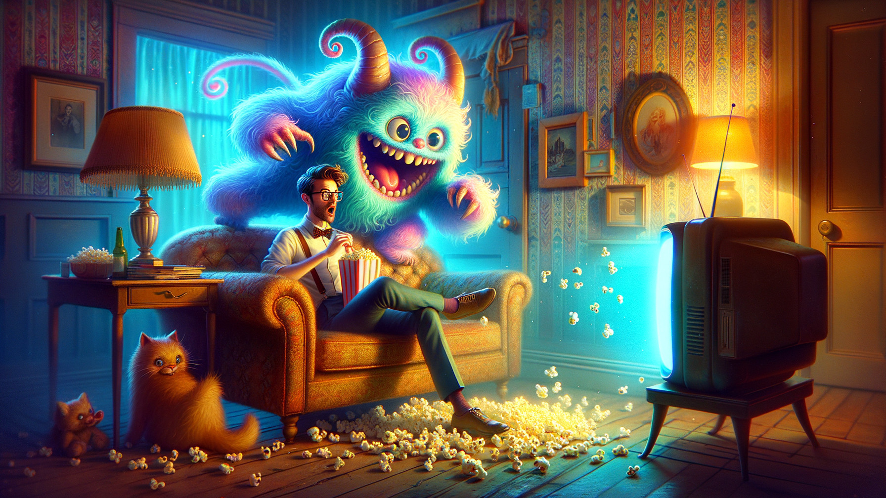 Vintage Living Room with Man, Monster, and Kittens