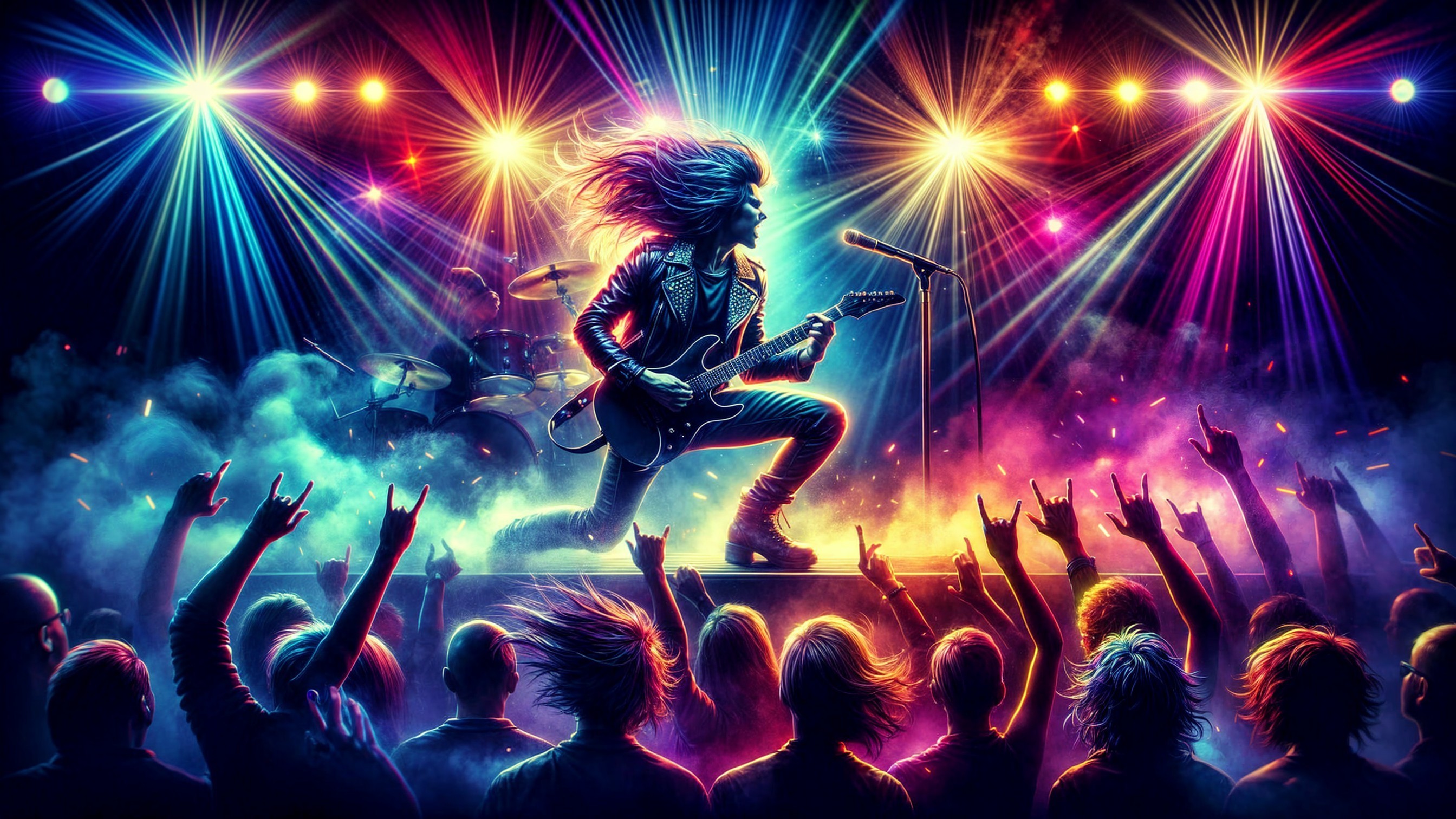 Vibrant Concert Scene with Guitarist and Cheerful Crowd