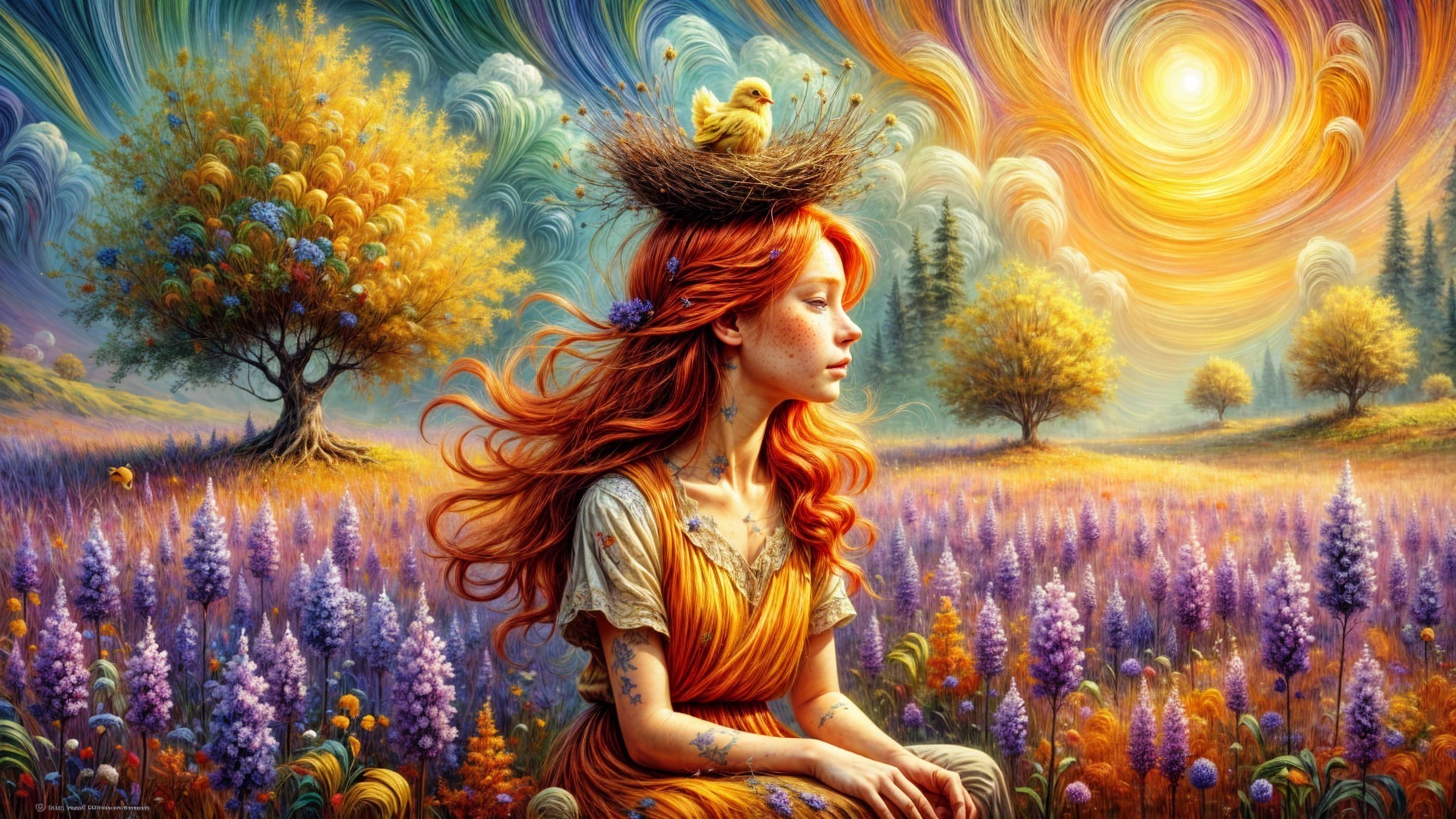 Young Woman with Nest in Vibrant Natural Landscape