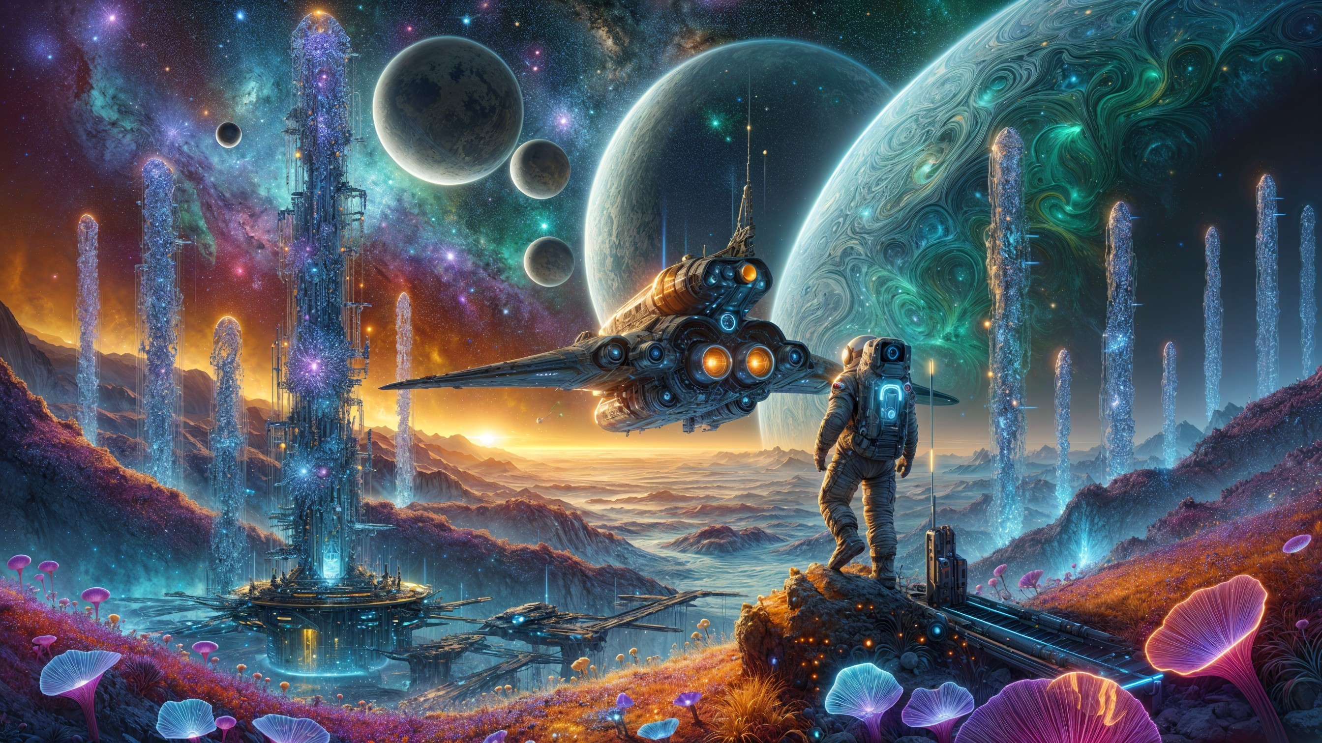 Futuristic Astronaut in Alien Landscape with Spaceship
