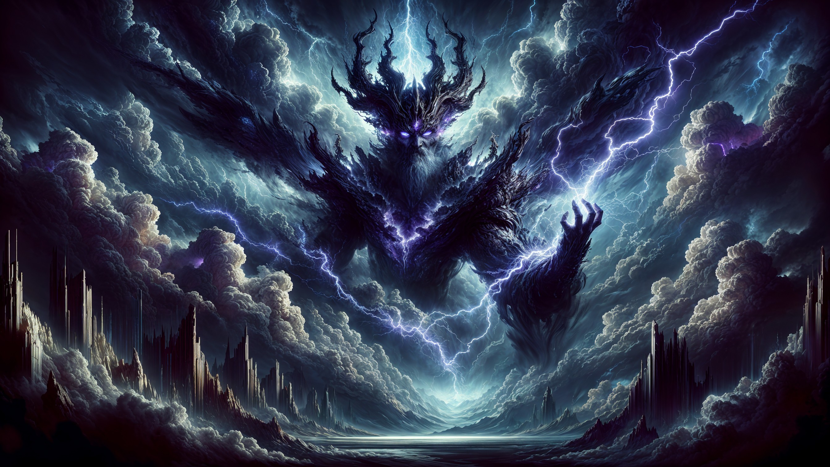 Otherworldly scene with dark clouds and lightning
