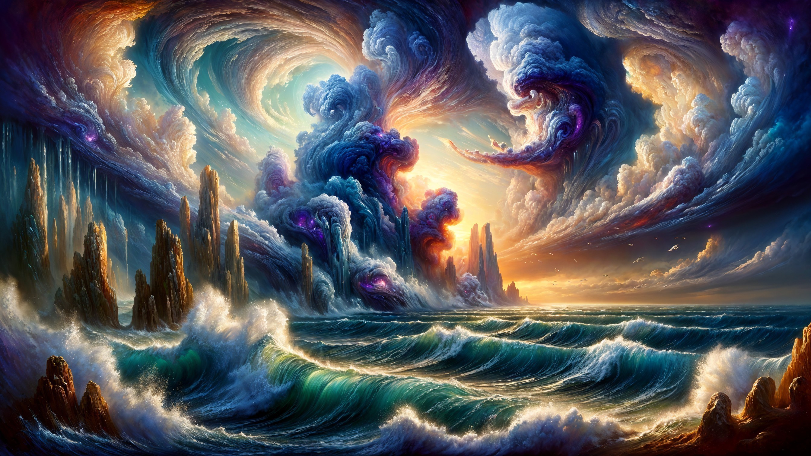 Seascape with Waves, Cliffs, and Dramatic Sunset