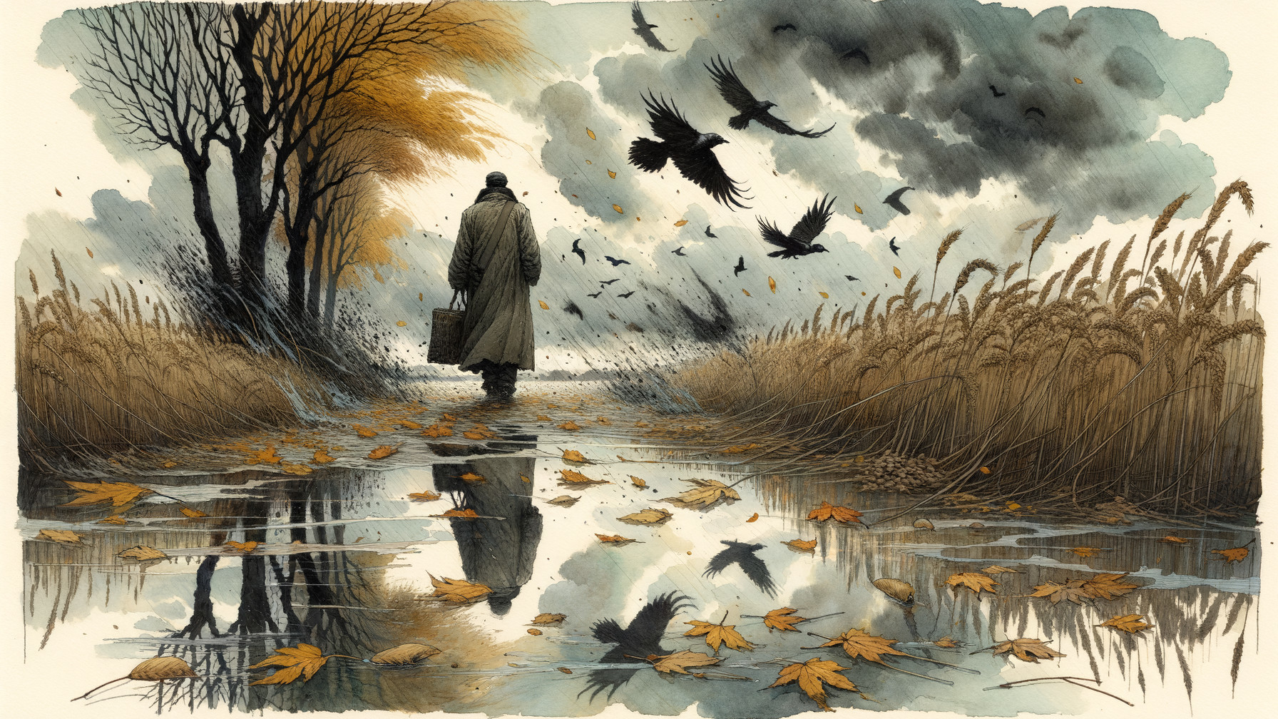 Solitary Figure Walking Along Autumn Pathway