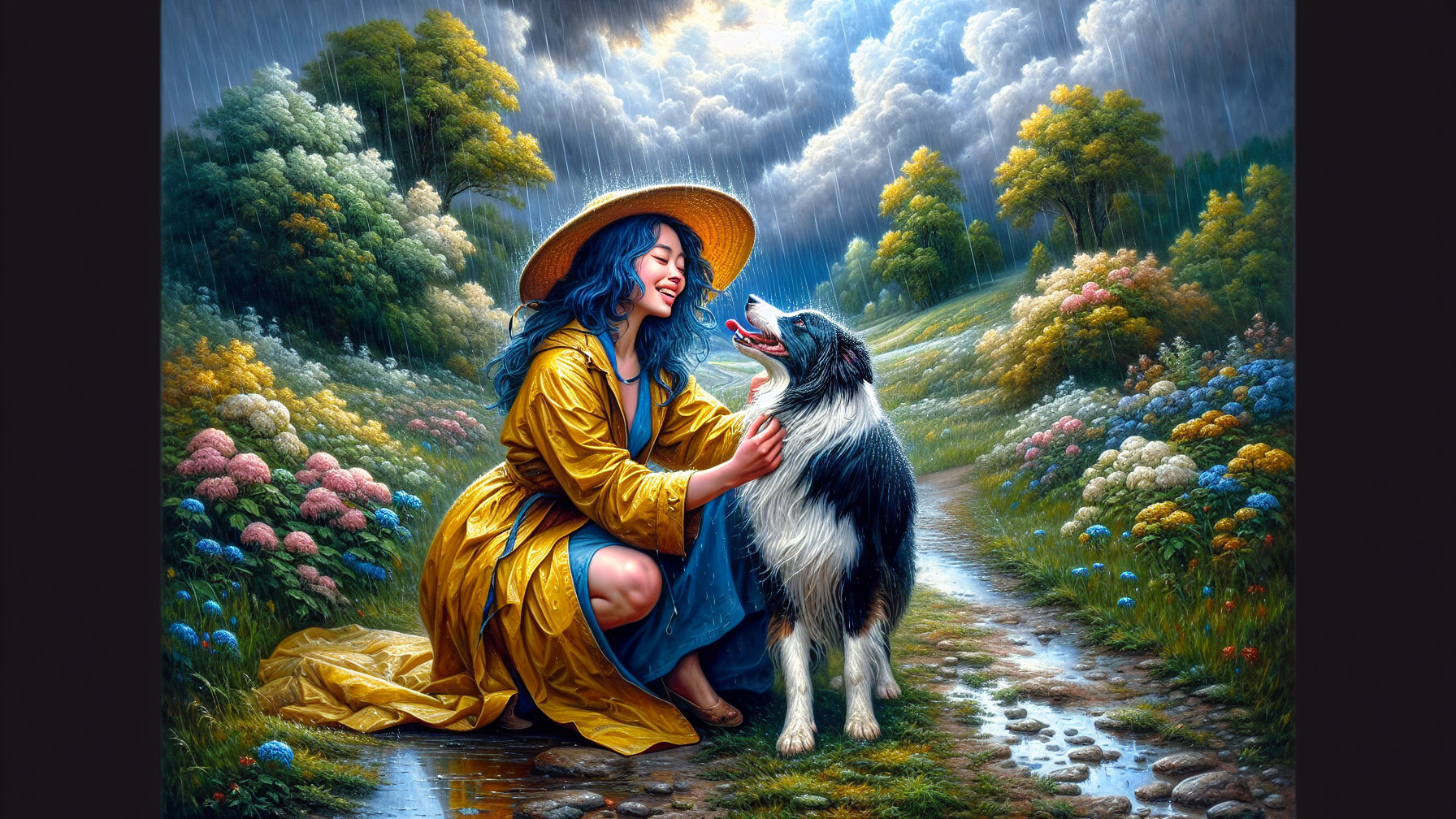 Woman in Yellow Raincoat with Border Collie in Nature