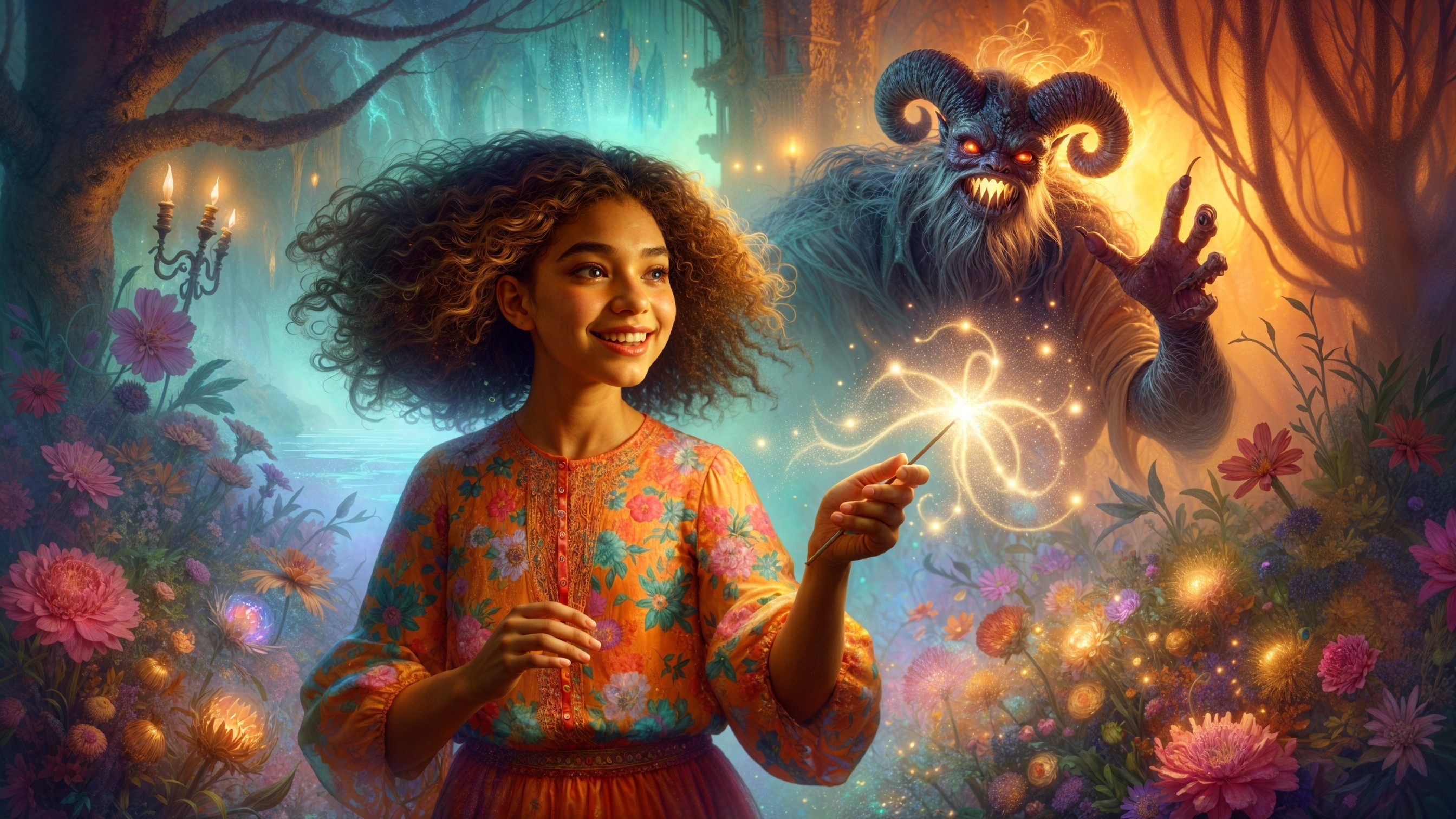 Whimsical Forest Scene with Magical Creatures and Light
