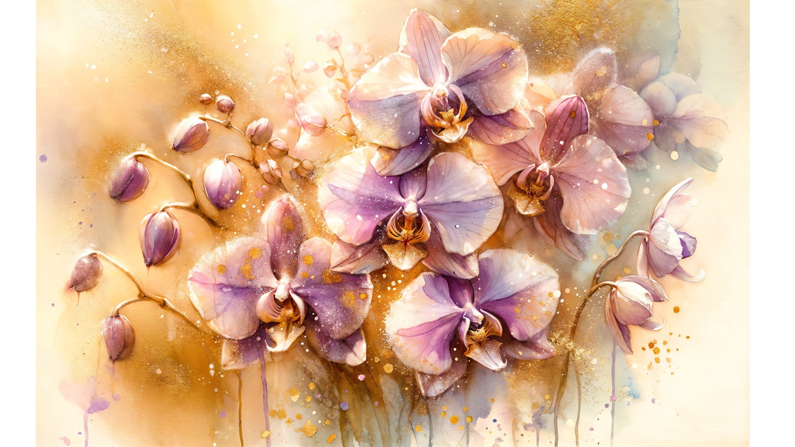 Watercolor Painting of Delicate Pink and Lavender Orchids