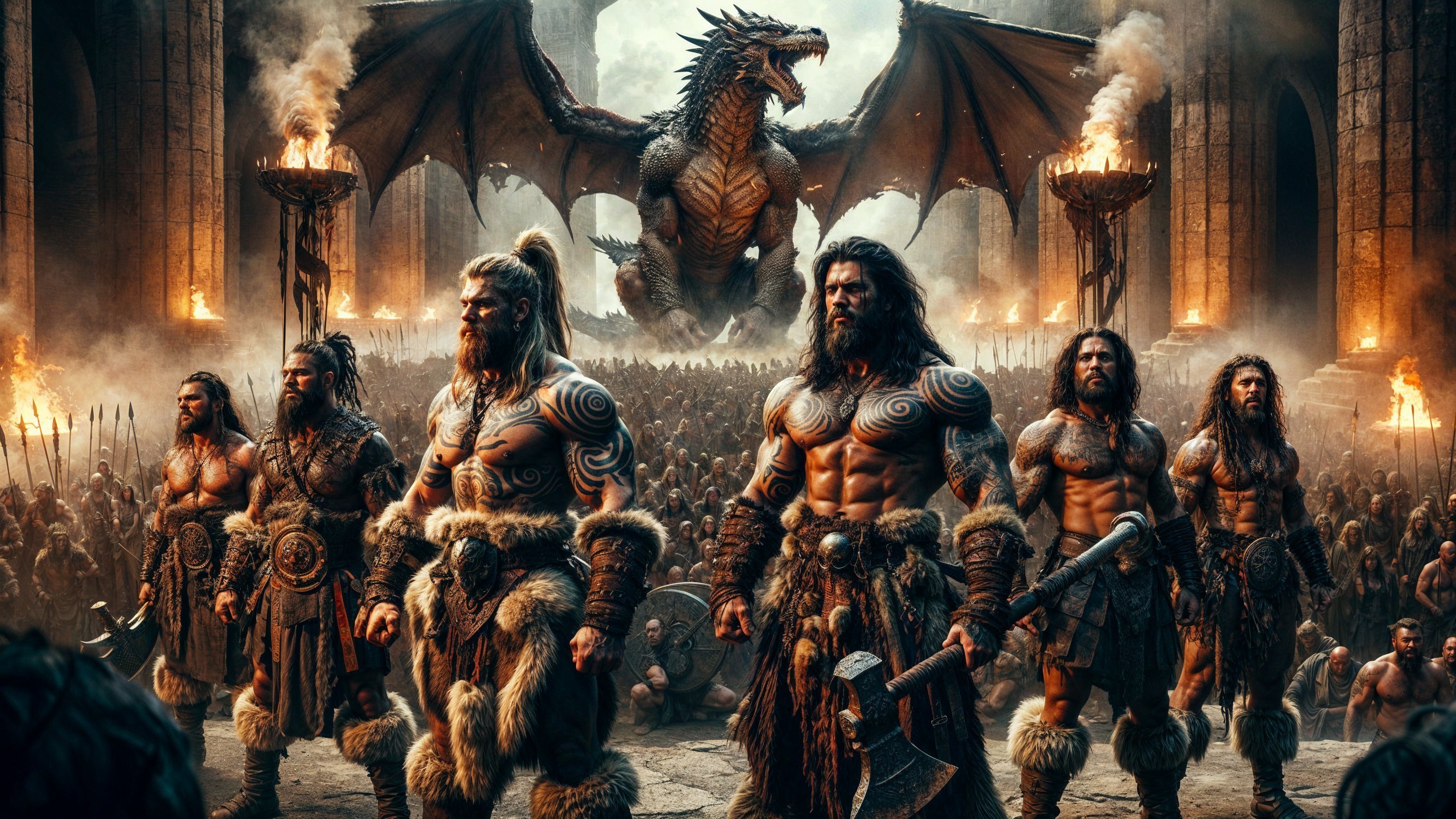 Muscular Warriors and Dragon in Epic Battle Scene