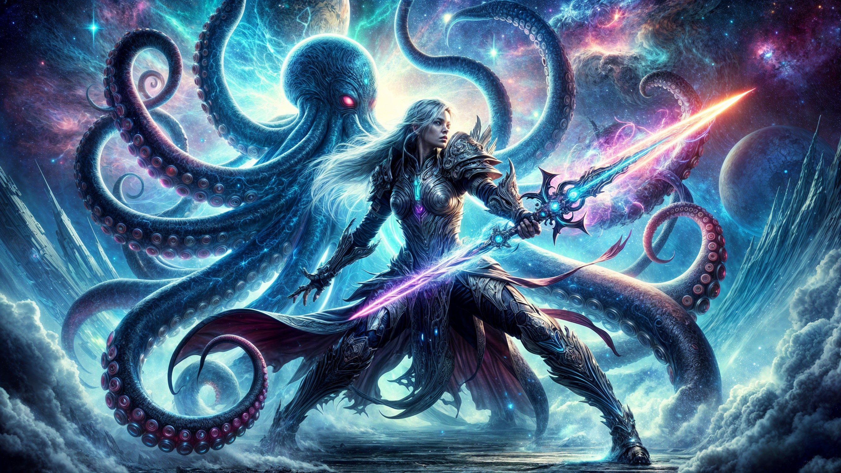 Warrior with Dual Swords Faces Cosmic Octopus in Galaxy