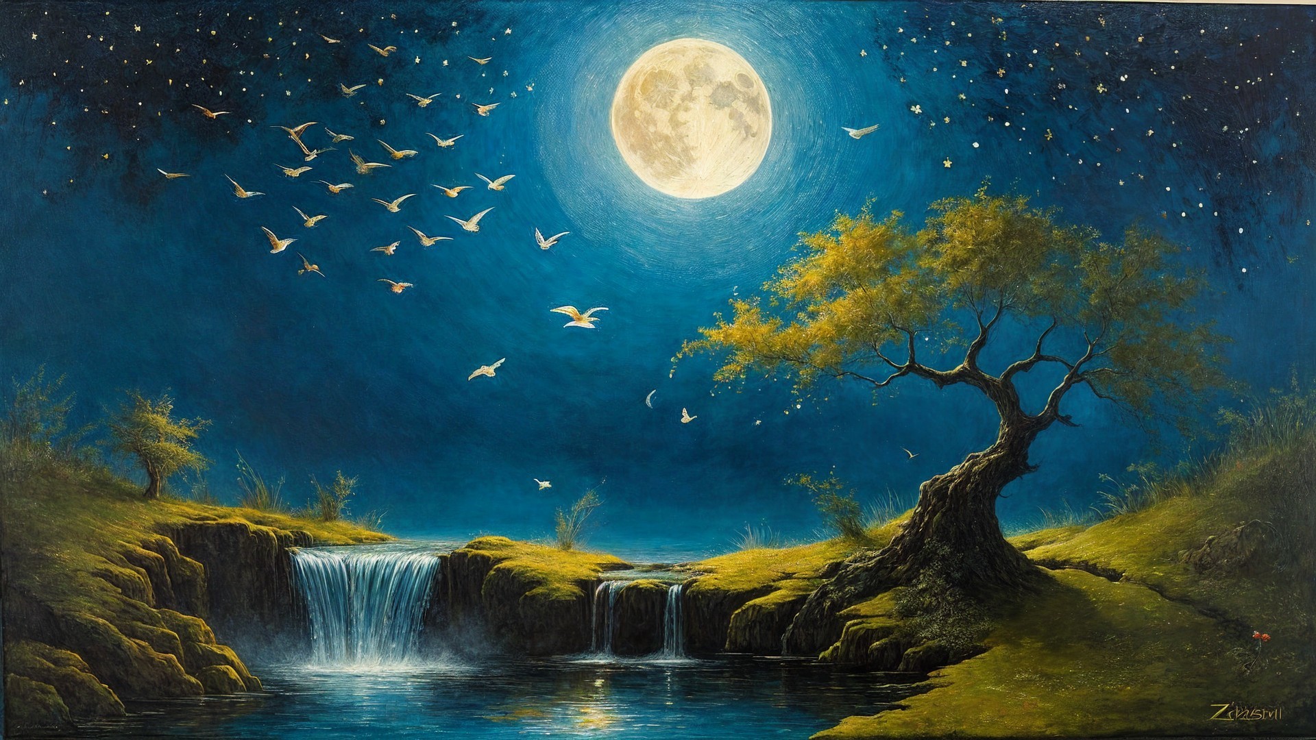 Serene Night Scene with Full Moon and Waterfalls