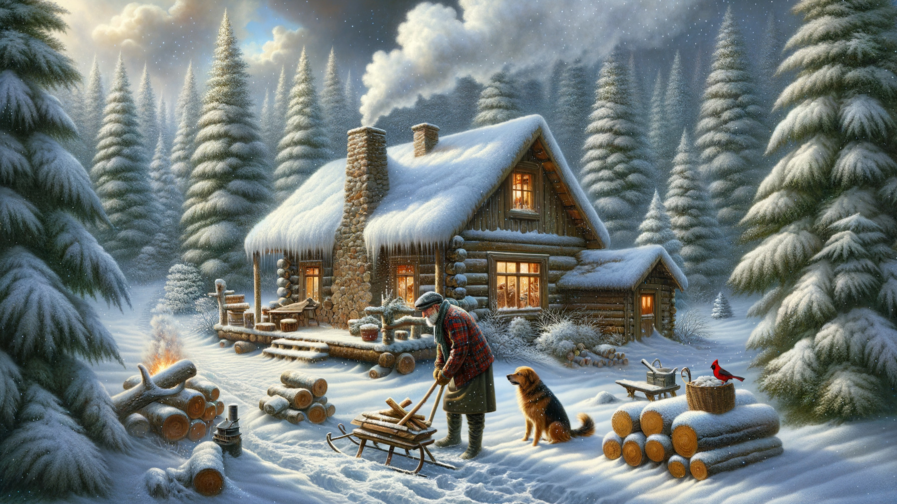 Cozy Log Cabin in a Snowy Winter Landscape