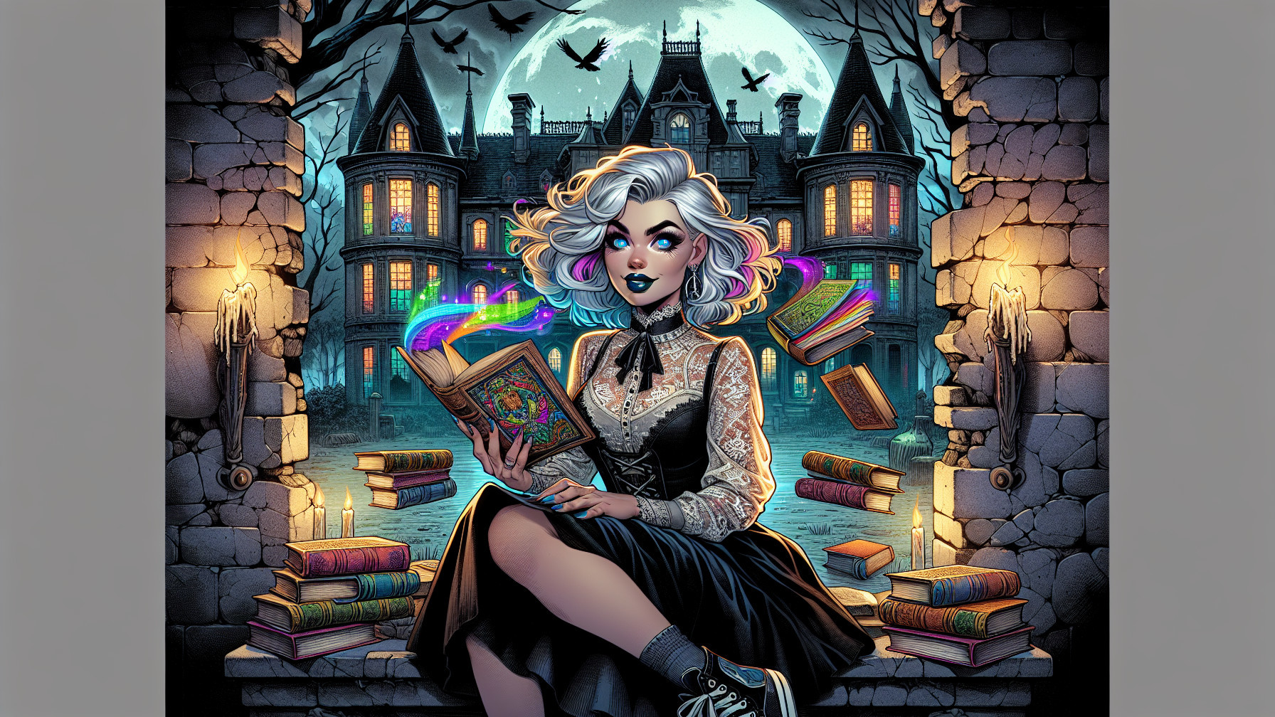 Silver-Haired Woman in Gothic Window with Magical Wisps