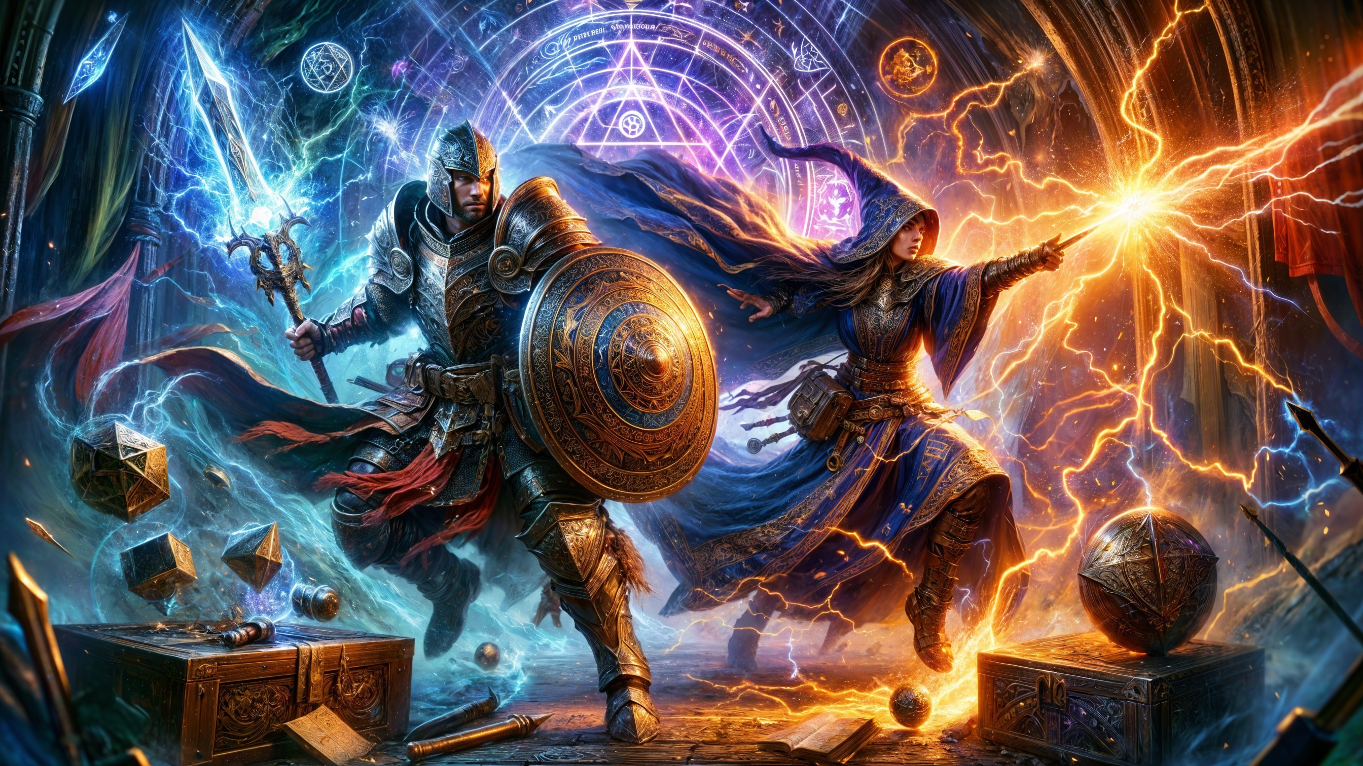 Warrior and Sorceress in Enchanted Battle Scene