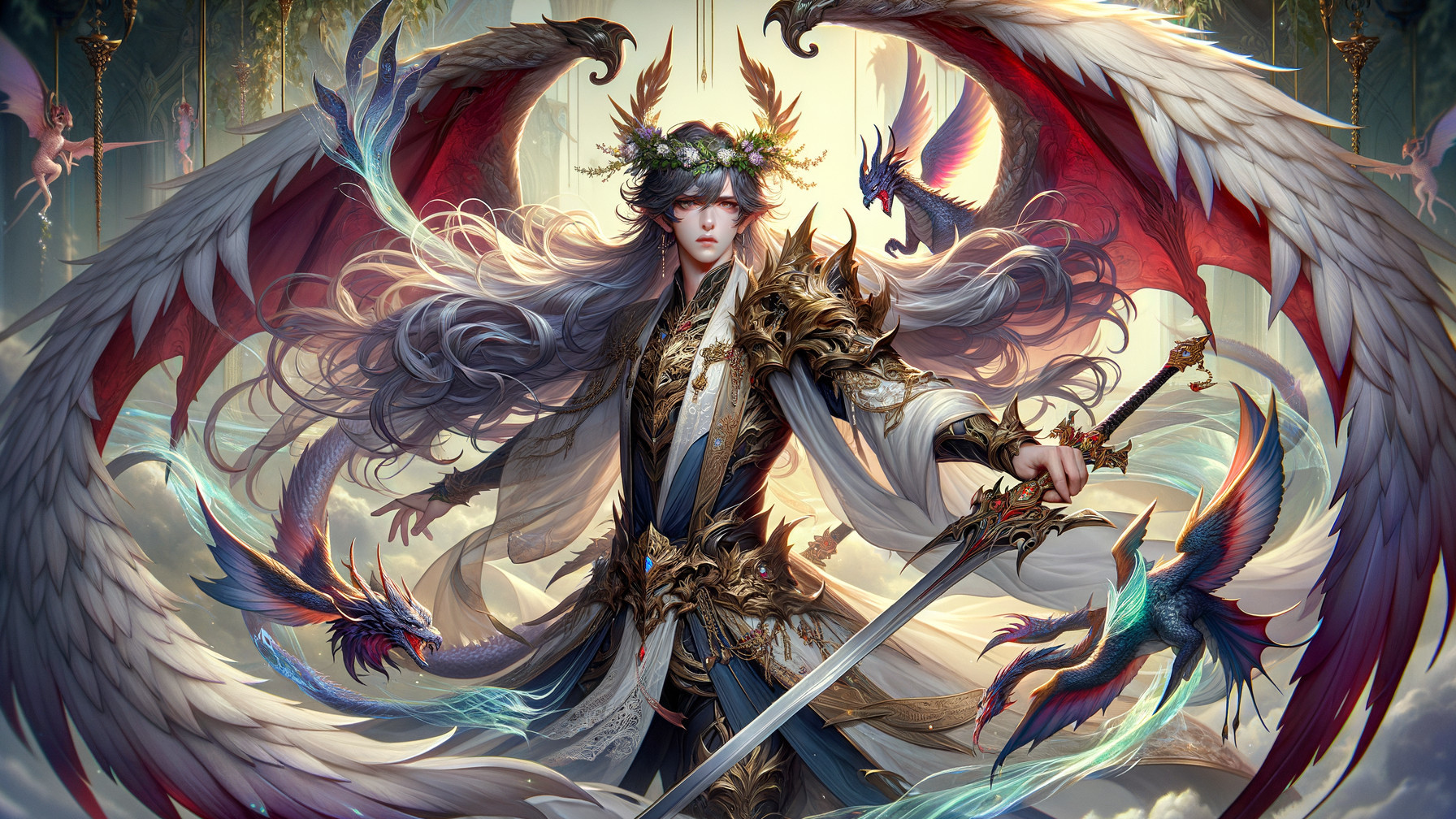 Majestic figure in ornate armor with ethereal wings