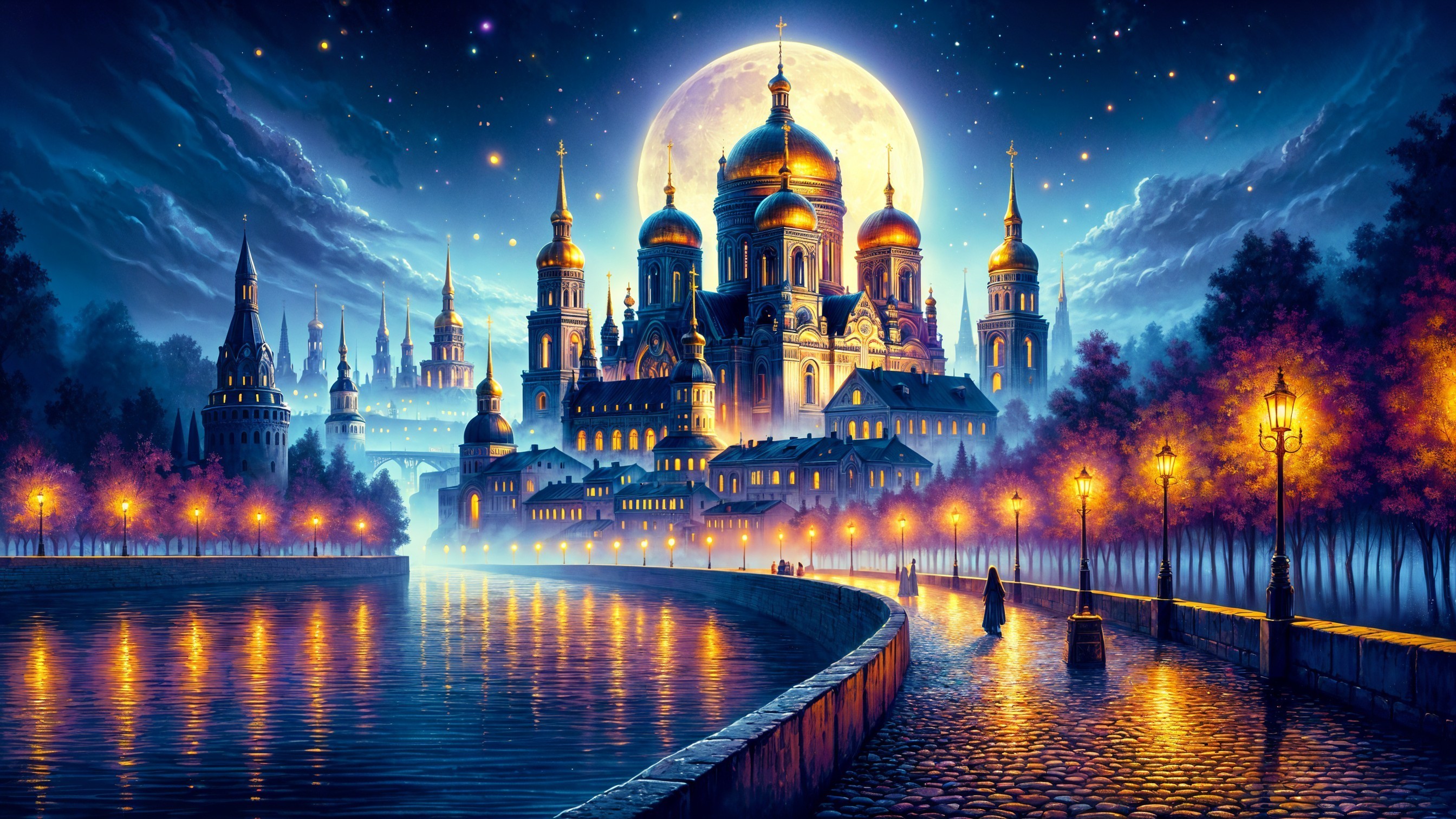 Majestic castle with golden domes under a full moon