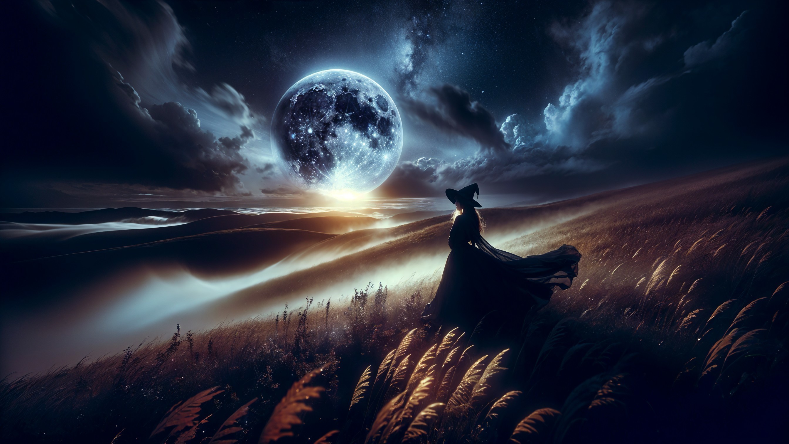 Silhouette on Hillside Under Luminous Full Moon