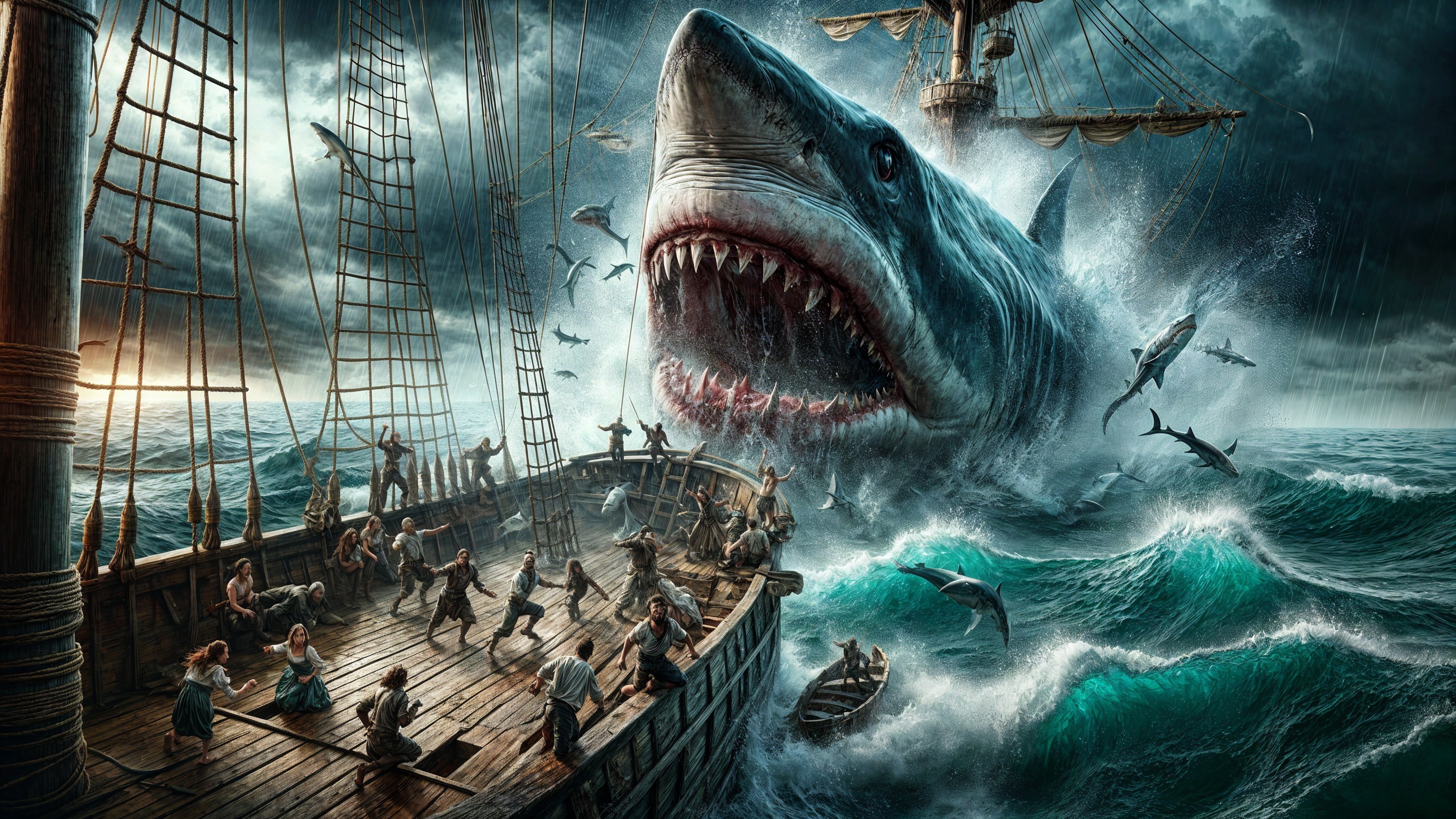 Stormy Sea Scene with Shark and Pirate Ship Chaos